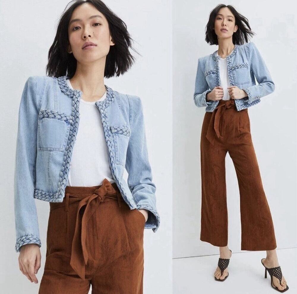 Veronica Beard Arrowe Glazier Blue Denim Jacket Size 00 Braided Trim New NWOT